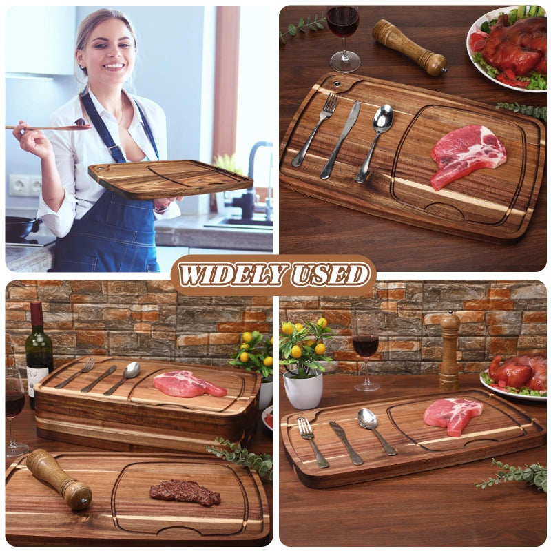 Uiifan 1 Pcs Steak Plates with Juice Channel Wooden Steak Board Set Acacia Cutting Serving Board for Home Serving Eating Meat Dishes Snack Dessert, 13 x 11 x 0.6 Inch - Image 5