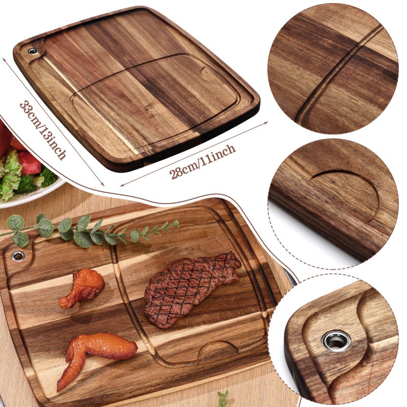 Uiifan 1 Pcs Steak Plates with Juice Channel Wooden Steak Board Set Acacia Cutting Serving Board for Home Serving Eating Meat Dishes Snack Dessert, 13 x 11 x 0.6 Inch - Image 4
