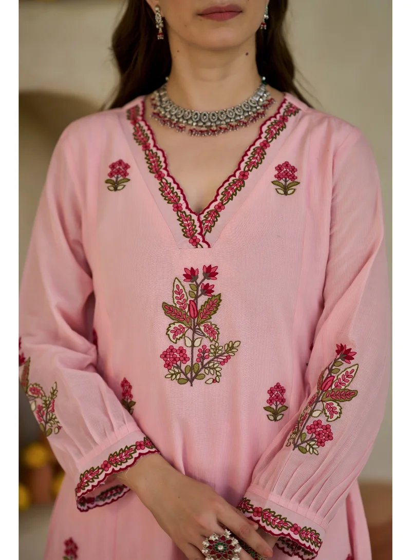 Priya’s Panache Pink Women Anarkali Premium Pink Mul Cotton Kurta Set 3 Piece - Indian Ethnic Wear Kurti Set with Pants & Embroidered Dupatta - Floral Embroidered Cotton Suit for Ladies for Women | Best Price UAE