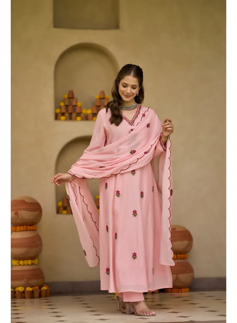 Priya’s Panache Pink Women Anarkali Premium Pink Mul Cotton Kurta Set 3 Piece - Indian Ethnic Wear Kurti Set with Pants & Embroidered Dupatta - Floral Embroidered Cotton Suit for Ladies for Women | Best Price UAE