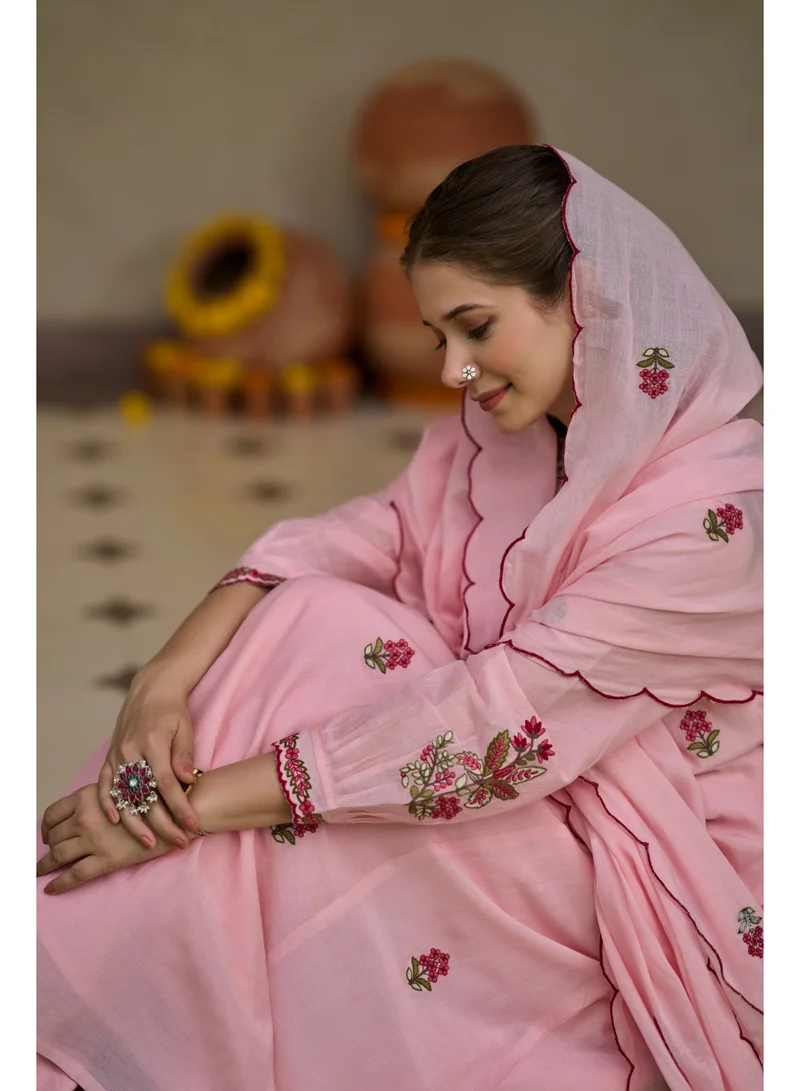 Priya’s Panache Pink Women Anarkali Premium Pink Mul Cotton Kurta Set 3 Piece - Indian Ethnic Wear Kurti Set with Pants & Embroidered Dupatta - Floral Embroidered Cotton Suit for Ladies for Women | Best Price UAE