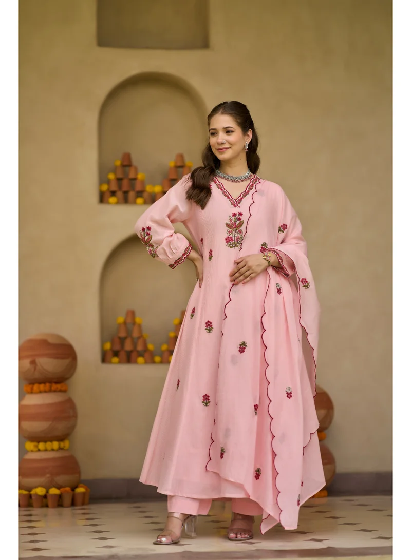 Priya’s Panache Pink Women Anarkali Premium Pink Mul Cotton Kurta Set 3 Piece - Indian Ethnic Wear Kurti Set with Pants & Embroidered Dupatta - Floral Embroidered Cotton Suit for Ladies for Women | Best Price UAE