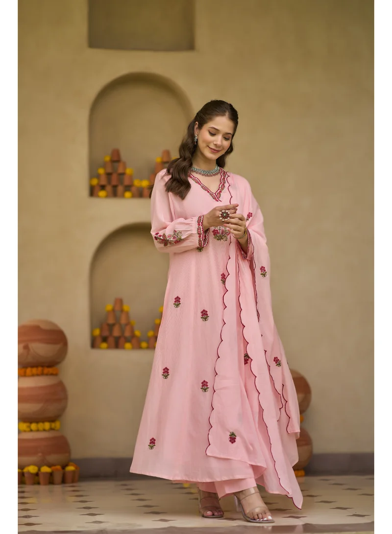 Priya’s Panache Pink Women Anarkali Premium Pink Mul Cotton Kurta Set 3 Piece - Indian Ethnic Wear Kurti Set with Pants & Embroidered Dupatta - Floral Embroidered Cotton Suit for Ladies for Women | Best Price UAE