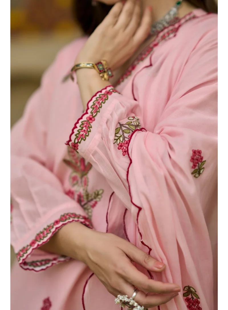 Priya’s Panache Pink Women Anarkali Premium Pink Mul Cotton Kurta Set 3 Piece - Indian Ethnic Wear Kurti Set with Pants & Embroidered Dupatta - Floral Embroidered Cotton Suit for Ladies for Women | Best Price UAE