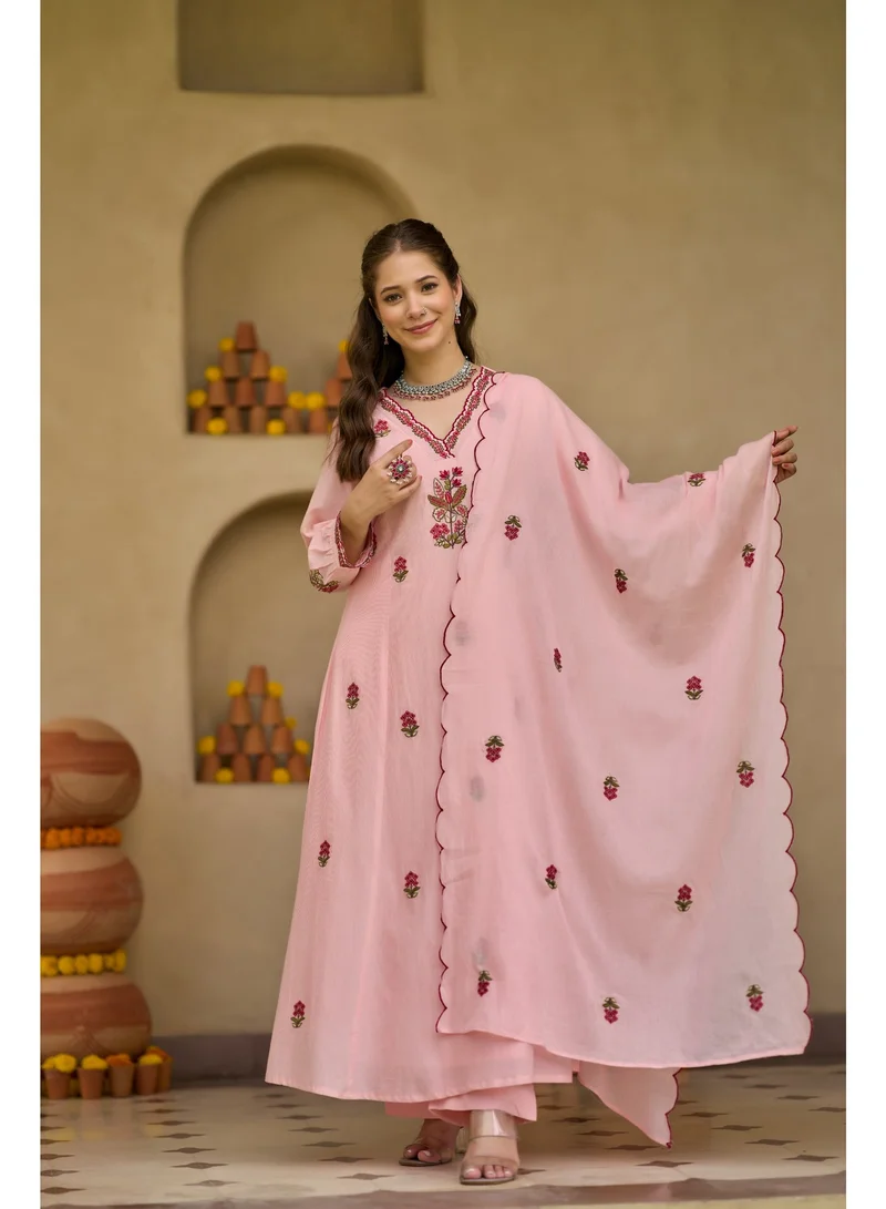 Women Anarkali Premium Pink Mul Cotton Kurta Set 3 Piece - Indian Ethnic Wear Kurti Set with Pants & Embroidered Dupatta - Floral Embroidered Cotton Suit for Ladies