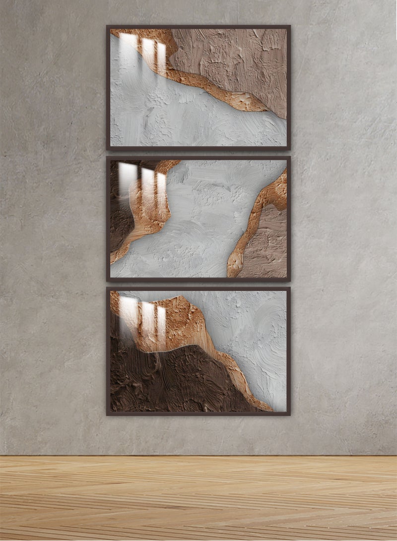 ماركتنا ثلاث لوحات جدارية120x60سم مع برواز بني وطبقة اكريلك شفاف بتصميم تجريدي - Image 1