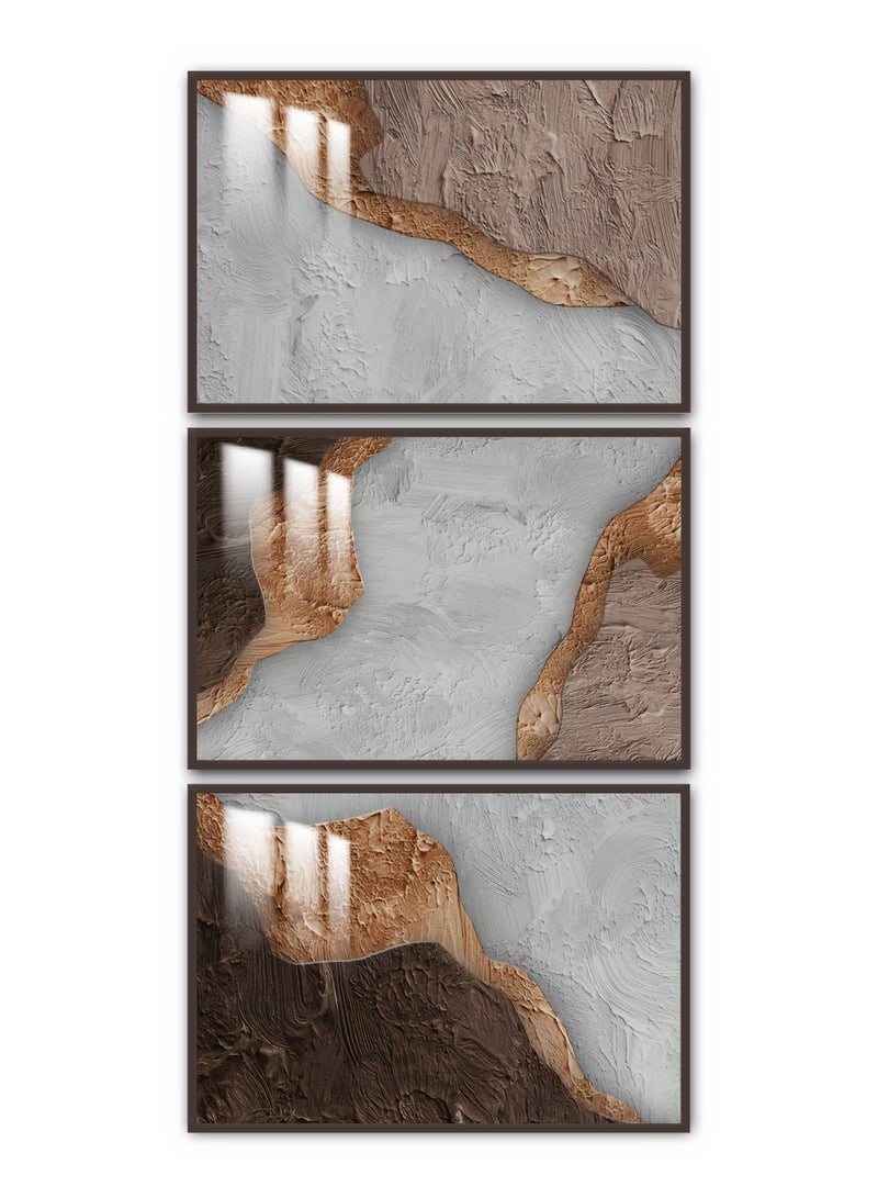 ماركتنا ثلاث لوحات جدارية120x60سم مع برواز بني وطبقة اكريلك شفاف بتصميم تجريدي - Image 2