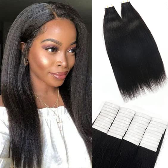 Yaki Tape in Hair Extensions Human Hair for Black Women 100g 40pcs Natural Black Light Yaki Straight Tape ins Real Human Hair Invisible Double Sided Glue in Tape in Hair Extensions 14 Inch PU Hair