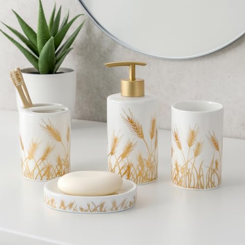 Whizzo Premium Ceramic Bathroom Accessory Set – 4 Piece White & Gold Wheat Design | Soap Dispenser, Toothbrush Holder, Tumbler & Soap Dish | Elegant Bathroom Décor (BS-846, White) - Image 4