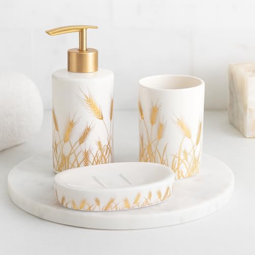 Whizzo Premium Ceramic Bathroom Accessory Set – 4 Piece White & Gold Wheat Design | Soap Dispenser, Toothbrush Holder, Tumbler & Soap Dish | Elegant Bathroom Décor (BS-846, White) - Image 5