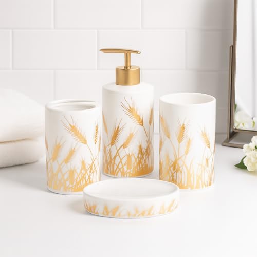 Whizzo Premium Ceramic Bathroom Accessory Set – 4 Piece White & Gold Wheat Design | Soap Dispenser, Toothbrush Holder, Tumbler & Soap Dish | Elegant Bathroom Décor (BS-846, White) - Image 2