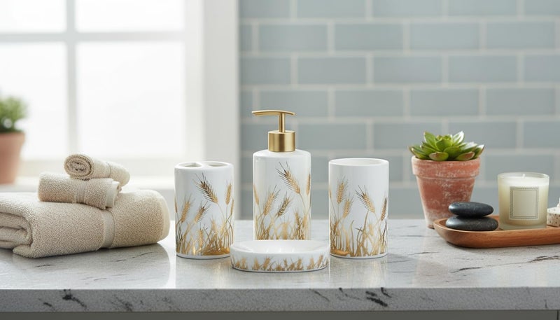 Whizzo Premium Ceramic Bathroom Accessory Set – 4 Piece White & Gold Wheat Design | Soap Dispenser, Toothbrush Holder, Tumbler & Soap Dish | Elegant Bathroom Décor (BS-846, White) - Image 3