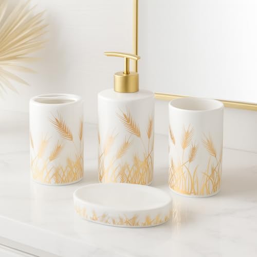 Whizzo Premium Ceramic Bathroom Accessory Set – 4 Piece White & Gold Wheat Design | Soap Dispenser, Toothbrush Holder, Tumbler & Soap Dish | Elegant Bathroom Décor (BS-846, White) - Image 1