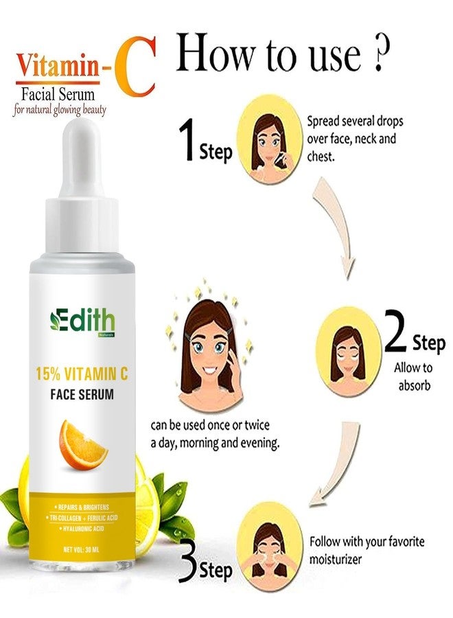 EDITH سيروم الوجه إديث بفيتامين سي 15% مع الكولاجين الثلاثي (30 مل) وزيت الشعر الطبيعي الأيورفيدي جاديبوتي مع الأملا والبراهمي وإكليل الجبل (100 مل) - مجموعة لبشرة متألقة ونمو شعر صحي - Image 2