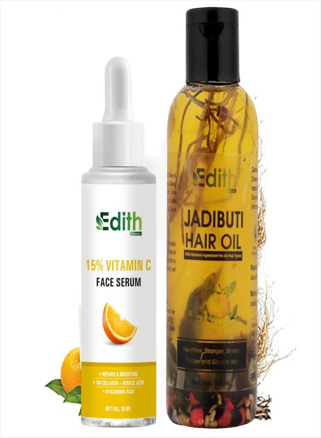 EDITH سيروم الوجه إديث بفيتامين سي 15% مع الكولاجين الثلاثي (30 مل) وزيت الشعر الطبيعي الأيورفيدي جاديبوتي مع الأملا والبراهمي وإكليل الجبل (100 مل) - مجموعة لبشرة متألقة ونمو شعر صحي - Image 1