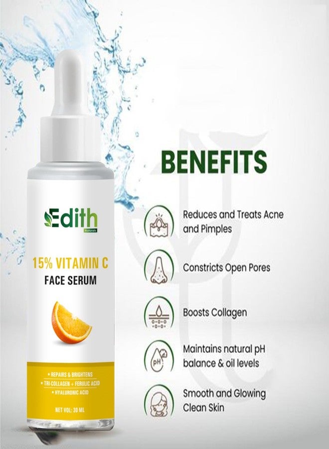 EDITH سيروم الوجه إديث بفيتامين سي 15% مع الكولاجين الثلاثي (30 مل) وزيت الشعر الطبيعي الأيورفيدي جاديبوتي مع الأملا والبراهمي وإكليل الجبل (100 مل) - مجموعة لبشرة متألقة ونمو شعر صحي - Image 5