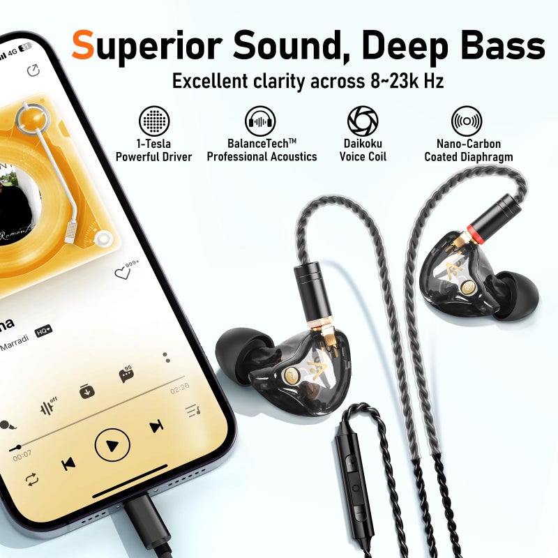 Audiovance Vibes 202ML Wired Earbuds - HiFi in Ear Headphones for iPhone 5â€“14, Noise Isolating Ear Buds w/ Mic - Clear Sound, Deep Bass, Comfort-Fit Earphones - MMCXâ€“LTN, Silver Plated Cord, Carrying Case - Image 3