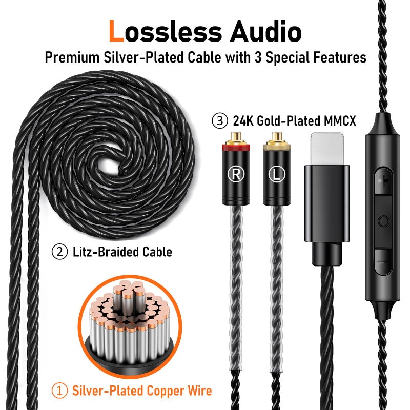 Audiovance Vibes 202ML Wired Earbuds - HiFi in Ear Headphones for iPhone 5â€“14, Noise Isolating Ear Buds w/ Mic - Clear Sound, Deep Bass, Comfort-Fit Earphones - MMCXâ€“LTN, Silver Plated Cord, Carrying Case - Image 4
