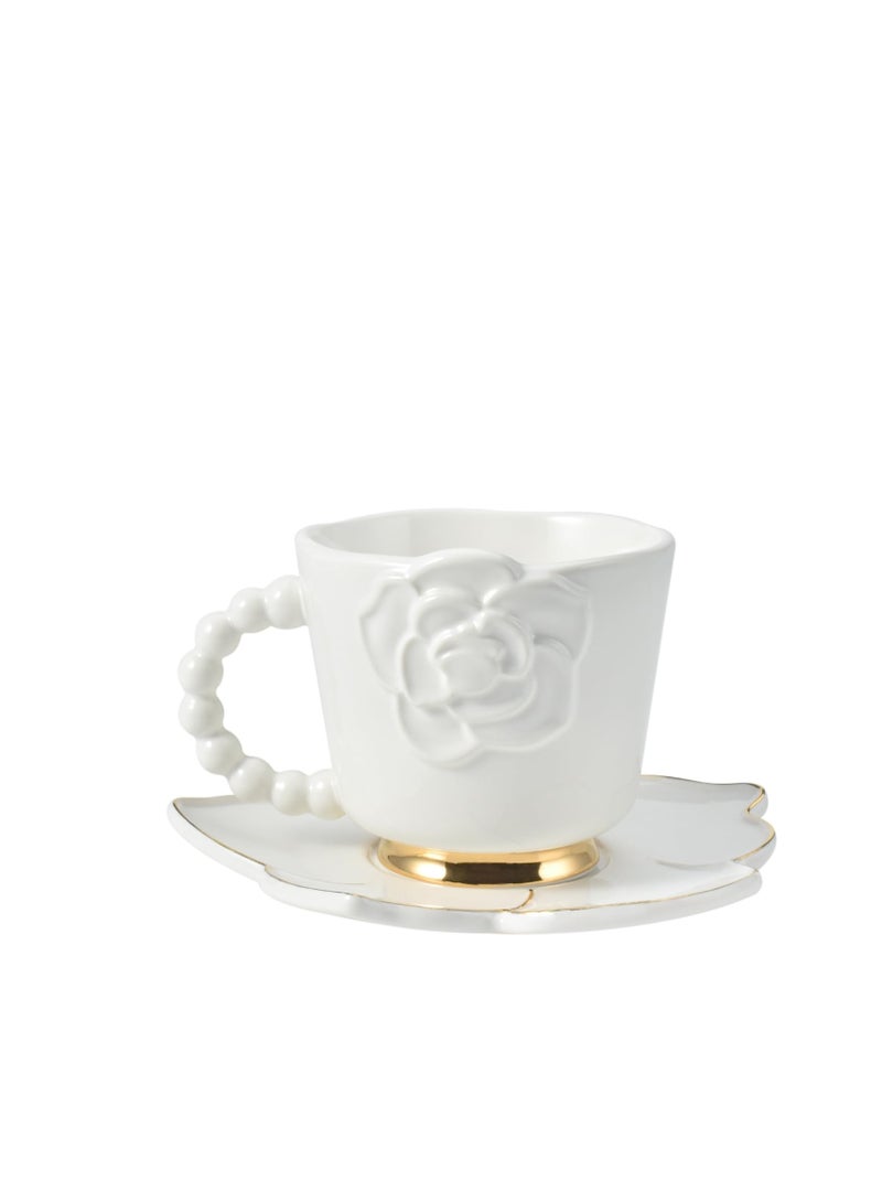 SYOSI Ceramic Coffee Mug with Saucer Set, Creative Cute Camellia Cup with Camellia Coaster for Office and Home, 8.5 oz/250 ml for Tea Latte Milk (White) - Image 1