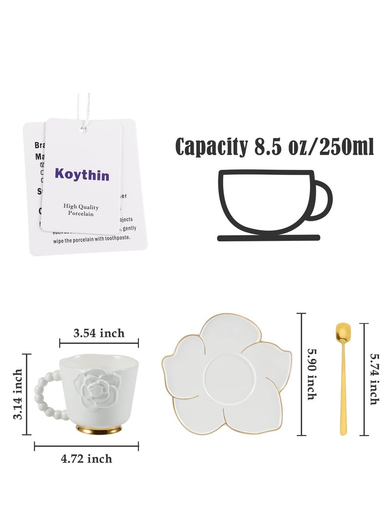 SYOSI Ceramic Coffee Mug with Saucer Set, Creative Cute Camellia Cup with Camellia Coaster for Office and Home, 8.5 oz/250 ml for Tea Latte Milk (White) - Image 2