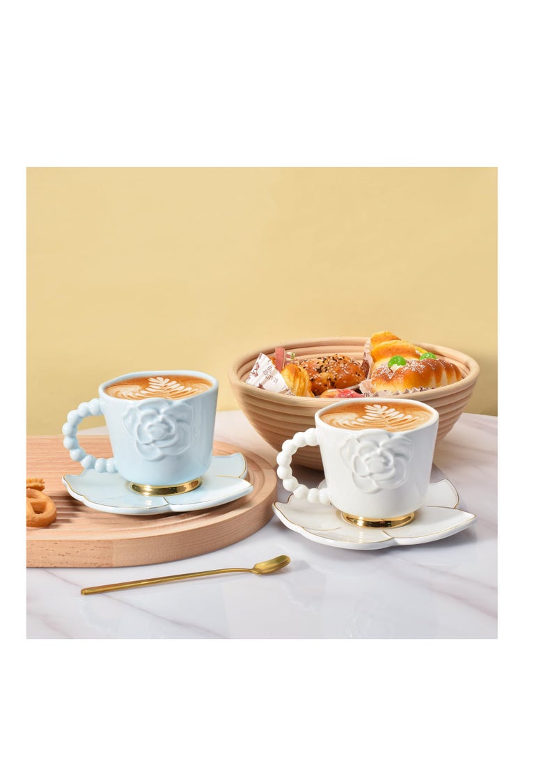 SYOSI Ceramic Coffee Mug with Saucer Set, Creative Cute Camellia Cup with Camellia Coaster for Office and Home, 8.5 oz/250 ml for Tea Latte Milk (White) - Image 5