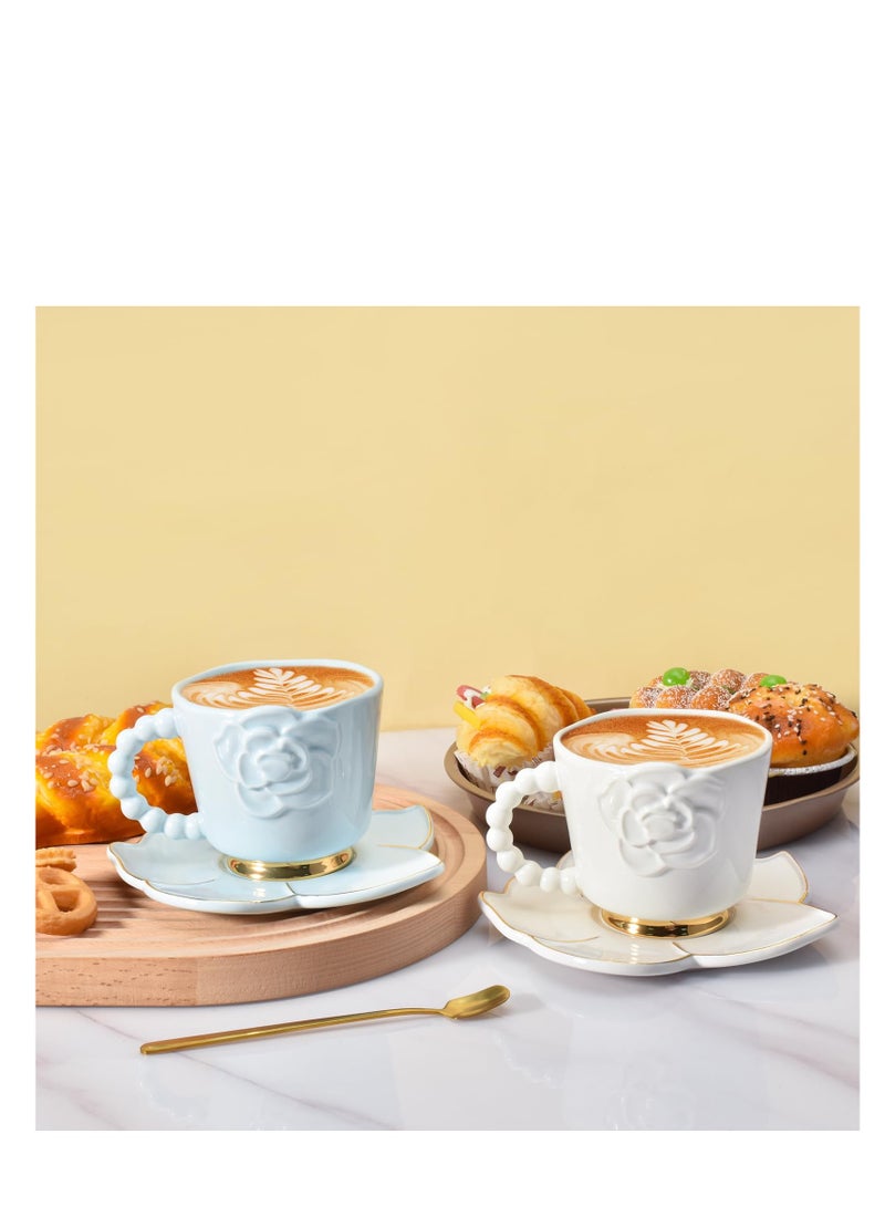 SYOSI Ceramic Coffee Mug with Saucer Set, Creative Cute Camellia Cup with Camellia Coaster for Office and Home, 8.5 oz/250 ml for Tea Latte Milk (White) - Image 3