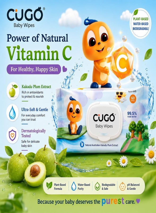 Cugo Baby Wipes, Gentle on Sensitive Skin, Plant-Based Fabric, 99.5% Water-Based, Natural Australian Kakadu Plum Infused, Dermatologically Tested, Newborn Safe, Biodegradable | Pack of 1 - Image 3