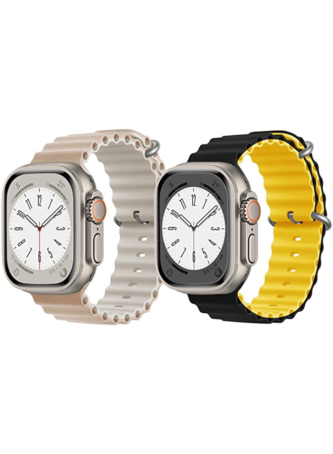 IAF Silicone Ocean Band Strap for Apple Watch Ultra 8 49mm Beige/White Double Side Strap with Black/Yellow Double Side Strap Set of 2