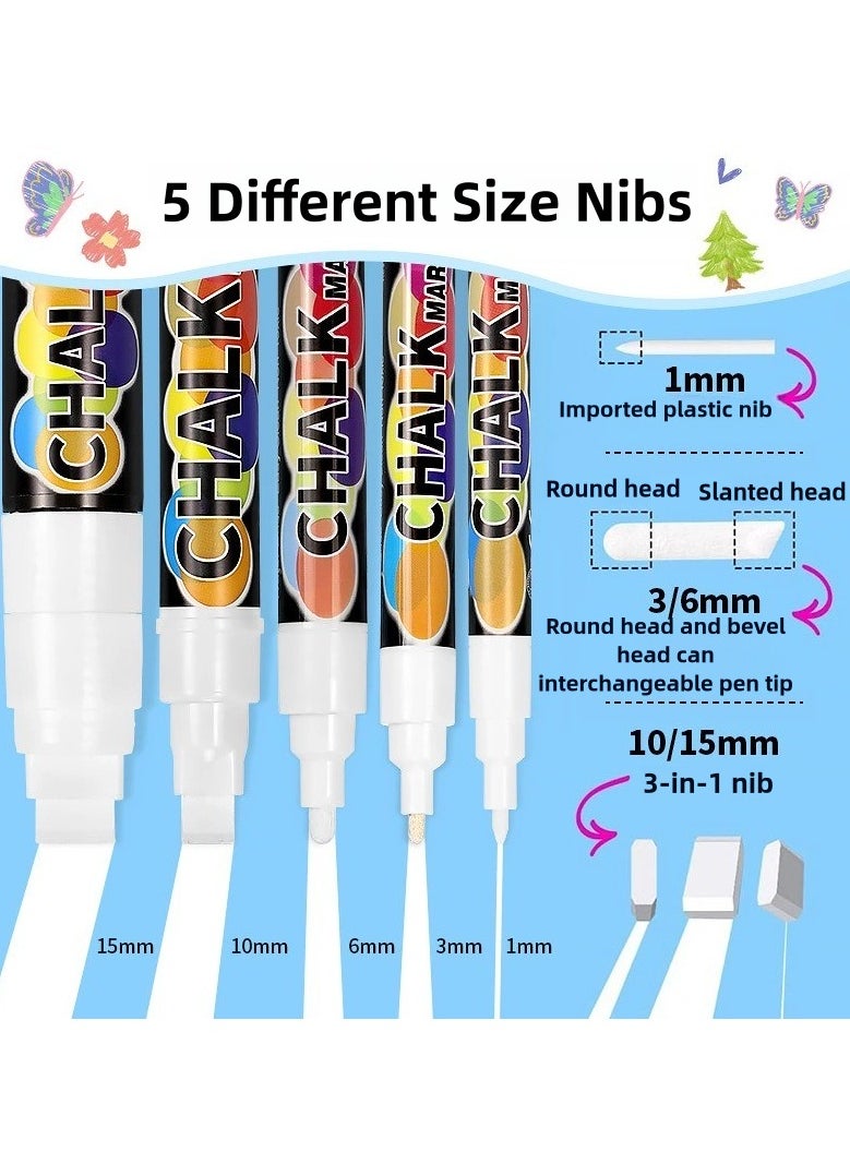 Generic White Chalk Markers 5pcs, Different Sizes Non-Toxic Liquid Chalkboard Markers, White Liquid Chalk Marker for Windows, Glass - 1, 3, 6, 10, 15mm Tips  - Image 2