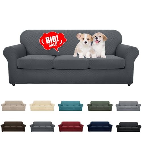 MAXIJIN 4 Piece Jacquard Extra Large Couch Covers for 3 Cushion Couch Super Stretch Non Slip Couch Cover for Dogs Pet Friendly Sofa Slipcover Furniture Protector Oversized Sofa Dark Gray