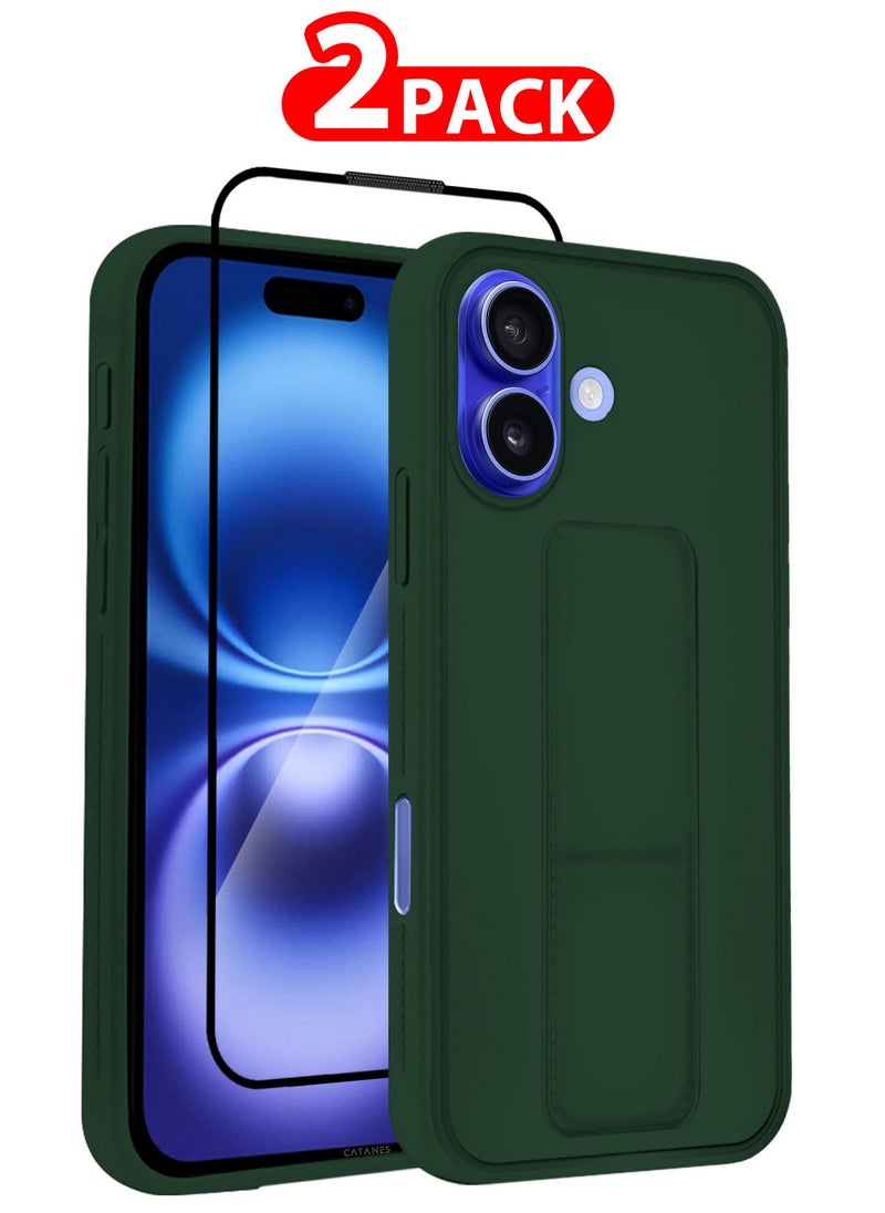 CATANES - ( for iPhone 16 ) 2 Pack, Case and Screen Protector Premium PU Leather Case with Stand Function Shockproof and Anti Scratch Finger Grip Case Cover /  Green - Image 1