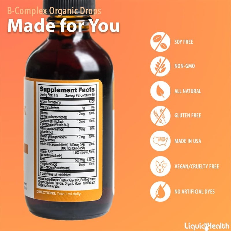 LIQUIDHEALTH قطرات فيتامين ب المركب العضوي من LIQUIDHEALTH للرجال والنساء طاقة طبيعية تركيز محسّن ذاكرة مزاج دعم المناعة تعزيز الأيض صنع في الولايات المتحدة قوة إضافية خالية من السكر نباتي عبوة 2 - Image 5