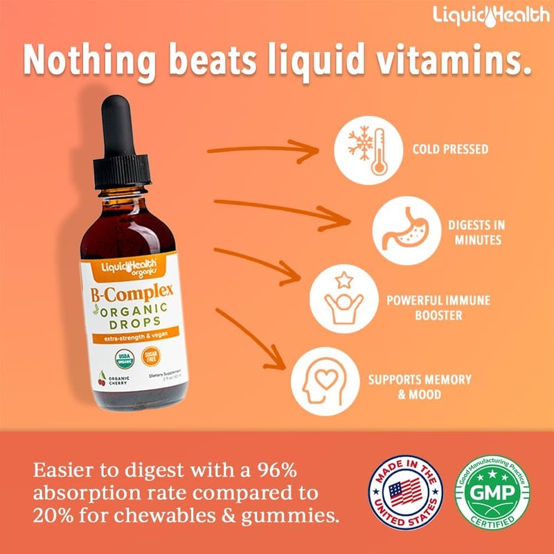 LIQUIDHEALTH قطرات فيتامين ب المركب العضوي من LIQUIDHEALTH للرجال والنساء طاقة طبيعية تركيز محسّن ذاكرة مزاج دعم المناعة تعزيز الأيض صنع في الولايات المتحدة قوة إضافية خالية من السكر نباتي عبوة 2 - Image 2
