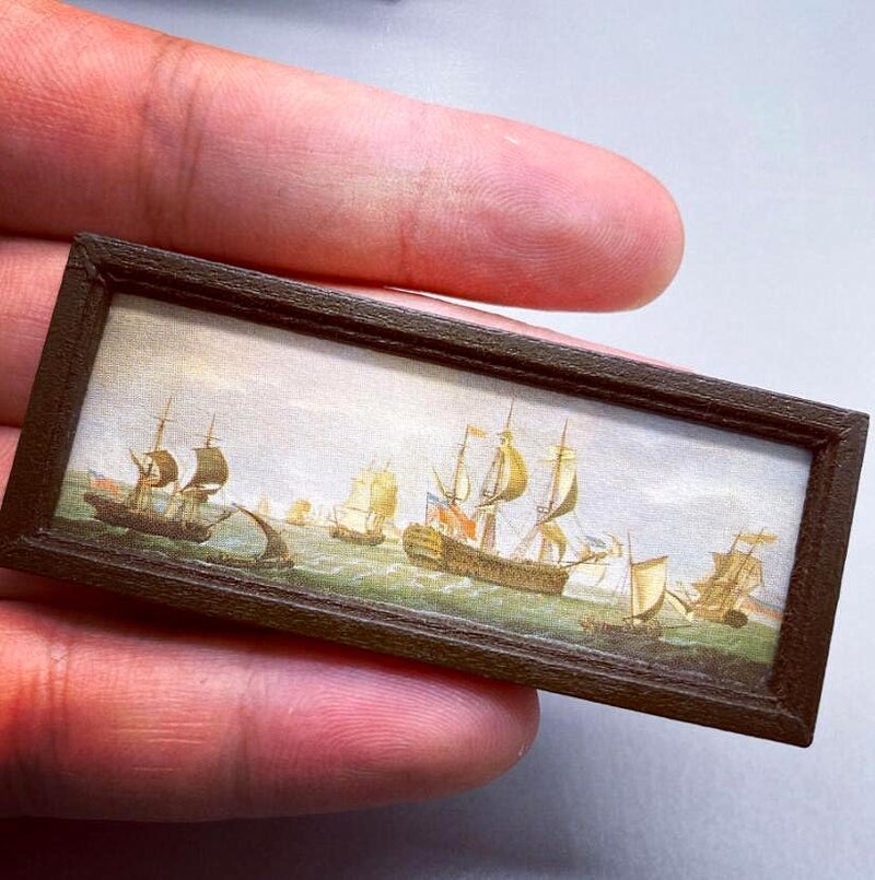 EatingBiting Elegant 112 Miniature Wooden Antique Photo Frame Sailboats Mural Wall for minihouse Furniture Landscape Handcraft Scale Painting Picture Photo for Decoration Gift - Image 2