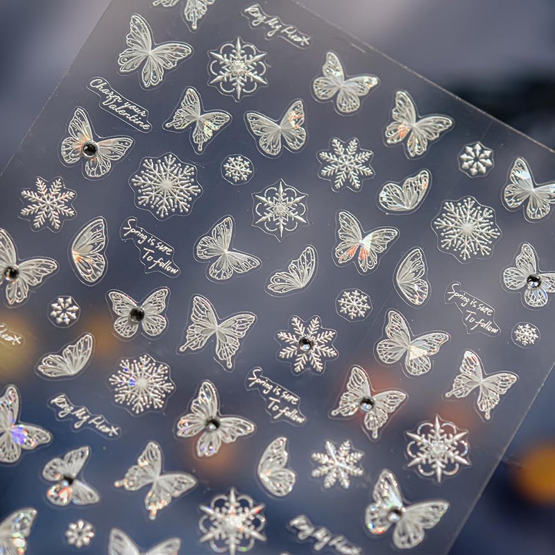 LIFOOST Spring Butterfly Nail Stickers 5D Embossed Shining White Shell Butterfly Nail Stickers for Nail Art Crystals Rhinesones Design