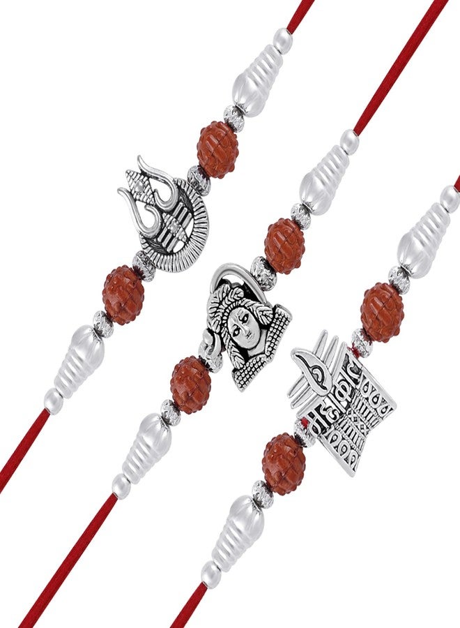 Okos Rhodium Plated Rakshadbandhan Rakhi Combo of 3 Religious Lord Shiva, Trishul and Mahakaal Rakhi Bracelet For Dearest Bhai/Bhaiya/Brother CO1000485RHD - Image 1