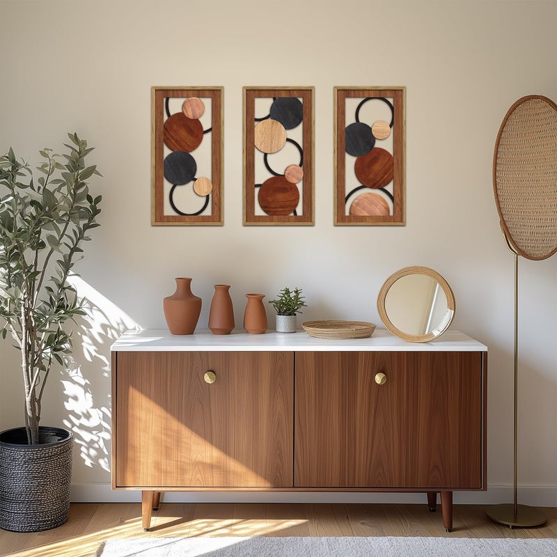 KAIRNE Boho Abstract Wooden Wall Art,3 Pieces Vintage Modern Wall Sculptures,Rustic Farmhouse Framed Hanging Decor,Minimalist Mid Century Wall Decor for Living Room Bedroom Kitchen Office,8X16 inch - Image 3