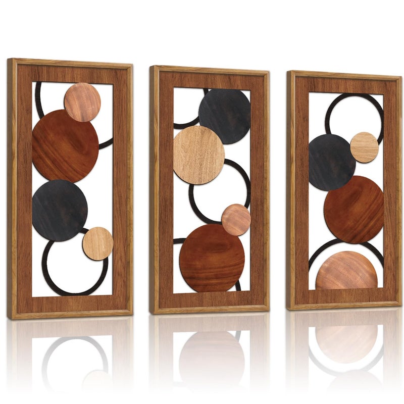 KAIRNE Boho Abstract Wooden Wall Art,3 Pieces Vintage Modern Wall Sculptures,Rustic Farmhouse Framed Hanging Decor,Minimalist Mid Century Wall Decor for Living Room Bedroom Kitchen Office,8X16 inch - Image 1