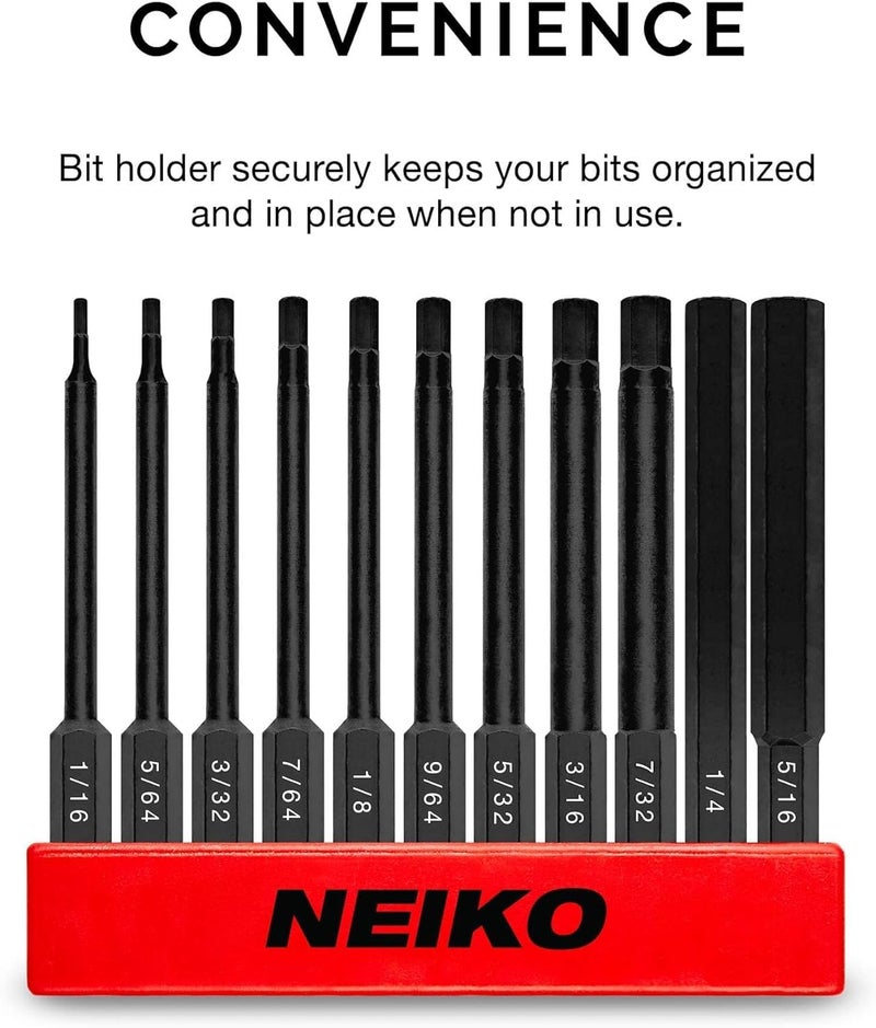 Neiko 01147A Allen Wrench Drill Bits, 11-Piece Hex Drill Bit Set, SAE Sizes 1/16" to 5/16", Magnetic Hex Head Bits, 3" Quick Release Shanks, S2 Steel, Compatible with Power Drills and Impact Drivers - Image 3