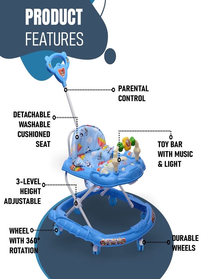 KIDBITKART Baby Walker Kids Activity Rattle Toys for Babies Cycle, Adjustable Height, Thick, Safe & Comfortable Seat, Rotatable Wheel, Music & Parent Handel Rod, for 6 to 20 Months (Blue) - Image 4