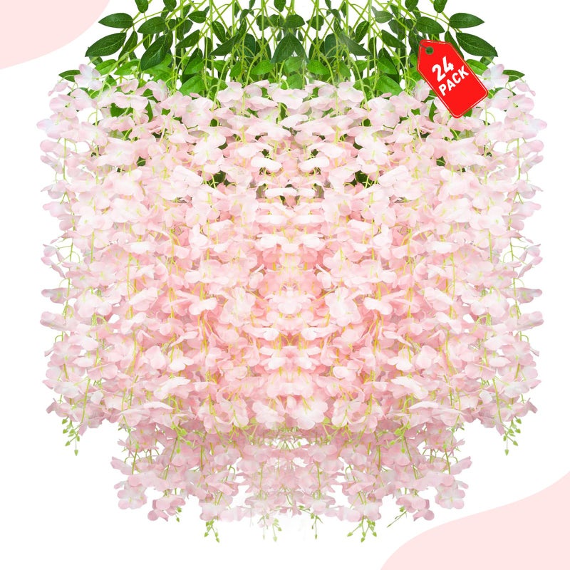 ZEBMOON 24 Pack Light Pink Wisteria Hanging Flowers, 3.4 Ft Fake Hanging Flowers, Artificial Wisteria Garland Vines for Wedding Room Backdrop Outdoor Patio Garden Decoration - Image 1