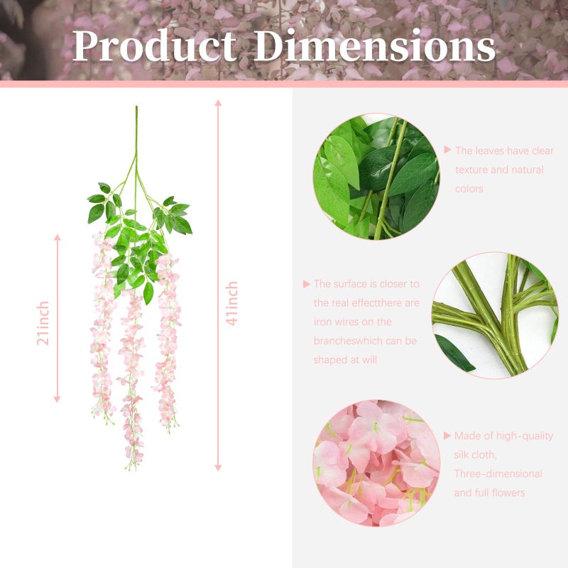 ZEBMOON 24 Pack Light Pink Wisteria Hanging Flowers, 3.4 Ft Fake Hanging Flowers, Artificial Wisteria Garland Vines for Wedding Room Backdrop Outdoor Patio Garden Decoration - Image 2
