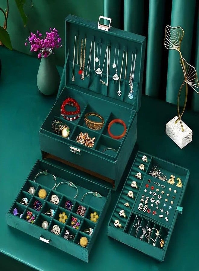 Vruta 3 Layer New Vintage Flannel Jewelry Box Earrings Earrings Rings Necklace Bracelets Jewelry Organiser Storage Case with Drawer for Girls Women (Dark Green) - Image 2