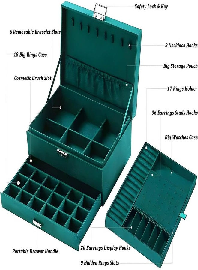 Vruta 3 Layer New Vintage Flannel Jewelry Box Earrings Earrings Rings Necklace Bracelets Jewelry Organiser Storage Case with Drawer for Girls Women (Dark Green) - Image 4