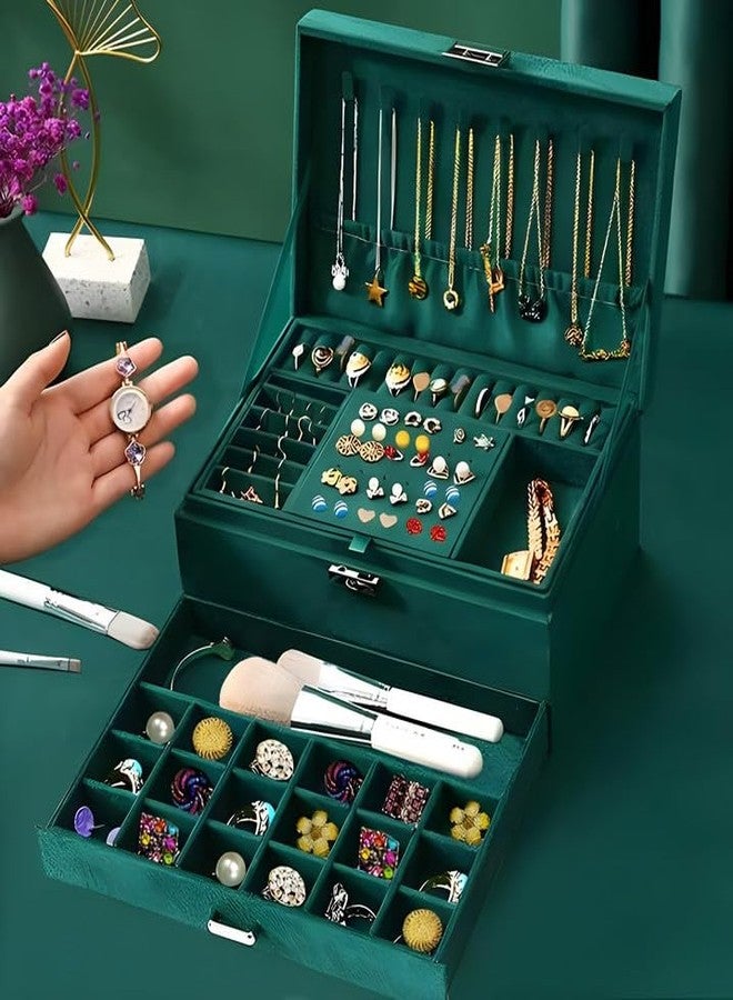 Vruta 3 Layer New Vintage Flannel Jewelry Box Earrings Earrings Rings Necklace Bracelets Jewelry Organiser Storage Case with Drawer for Girls Women (Dark Green) - Image 3