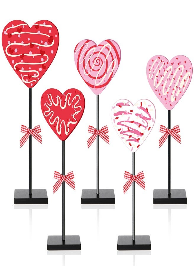 Novabright 5 Pcs Valentine's Day Candy Heart Table Decor Wooden Sign Pink Red White Heart Tall Standing Centerpiece Donut Pattern Tray Decor Romantic Decoration for Valentines Home Desk (Classic) - Image 1