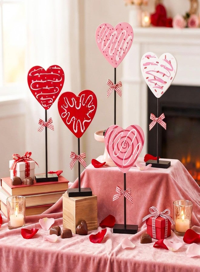 Novabright 5 Pcs Valentine's Day Candy Heart Table Decor Wooden Sign Pink Red White Heart Tall Standing Centerpiece Donut Pattern Tray Decor Romantic Decoration for Valentines Home Desk (Classic) - Image 4