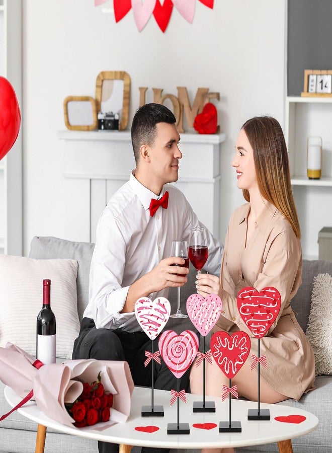 Novabright 5 Pcs Valentine's Day Candy Heart Table Decor Wooden Sign Pink Red White Heart Tall Standing Centerpiece Donut Pattern Tray Decor Romantic Decoration for Valentines Home Desk (Classic) - Image 5