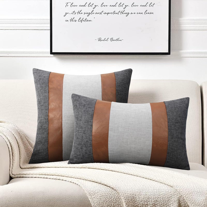 Merrycolor Faux Leather and Linen Throw Pillow Covers 18x18 Inch Patchwork Modern Farmhouse Pillow Covers Gray and Brown Accent Pillows Decorative Pillows for Couch Sofa Bed  Set of 2 - Image 2