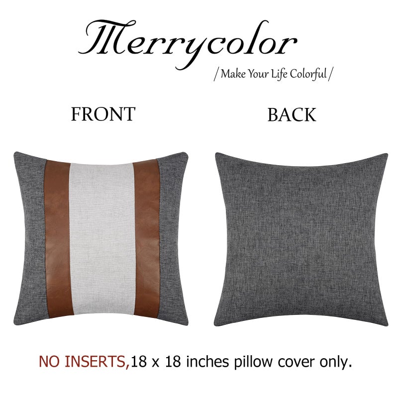 Merrycolor Faux Leather and Linen Throw Pillow Covers 18x18 Inch Patchwork Modern Farmhouse Pillow Covers Gray and Brown Accent Pillows Decorative Pillows for Couch Sofa Bed  Set of 2 - Image 5